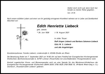 Anzeige von Edith Henriette Liebeck von Kölner Stadt-Anzeiger / Kölnische Rundschau / Express