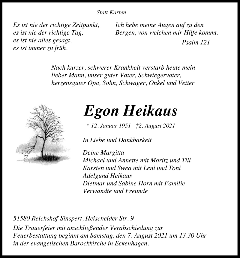  Traueranzeige für Egon Heikaus vom 06.08.2021 aus  Anzeigen Echo 
