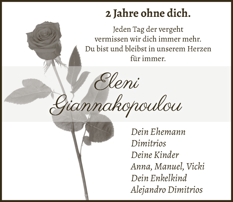  Traueranzeige für Eleni Giannakopoulou vom 20.08.2021 aus  Schlossbote/Werbekurier 