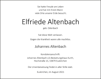 Anzeige von Elfriede Altenbach von  Blickpunkt Euskirchen 