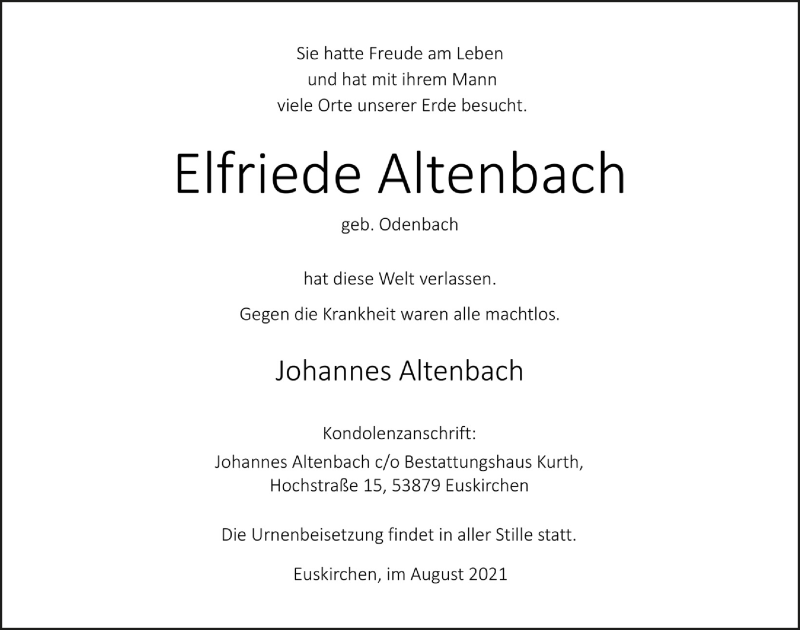 Traueranzeige für Elfriede Altenbach vom 21.08.2021 aus  Blickpunkt Euskirchen 