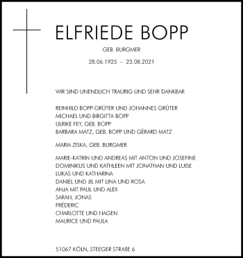 Anzeige von Elfriede Bopp von Kölner Stadt-Anzeiger / Kölnische Rundschau / Express