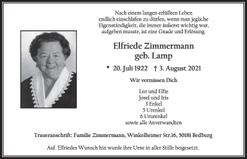 Anzeige von Elfriede Zimmermann von  Werbepost 