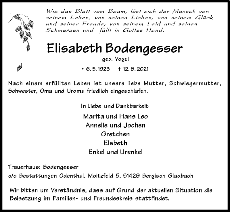  Traueranzeige für Elisabeth Bodengesser vom 21.08.2021 aus Kölner Stadt-Anzeiger / Kölnische Rundschau / Express