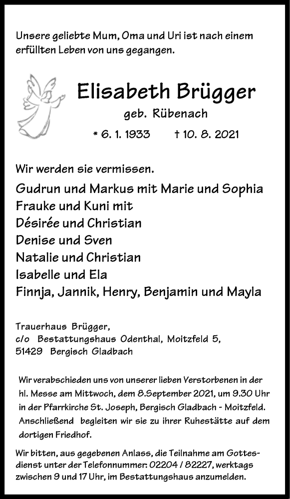  Traueranzeige für Elisabeth Brügger vom 21.08.2021 aus Kölner Stadt-Anzeiger / Kölnische Rundschau / Express