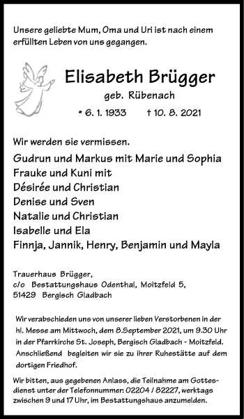 Anzeige von Elisabeth Brügger von Kölner Stadt-Anzeiger / Kölnische Rundschau / Express