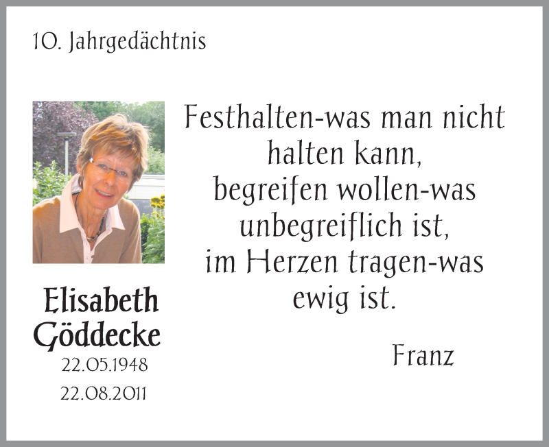  Traueranzeige für Elisabeth Göddecke vom 21.08.2021 aus Kölner Stadt-Anzeiger / Kölnische Rundschau / Express