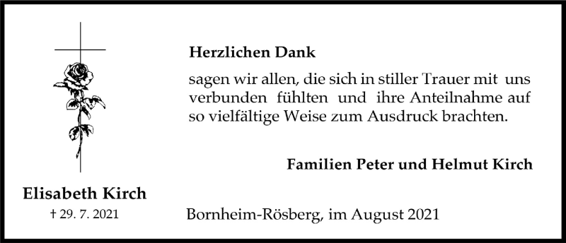  Traueranzeige für Elisabeth Kirch vom 27.08.2021 aus  Schaufenster/Blickpunkt 