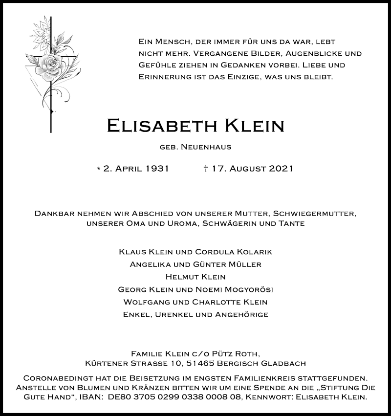  Traueranzeige für Elisabeth Klein vom 28.08.2021 aus Kölner Stadt-Anzeiger / Kölnische Rundschau / Express