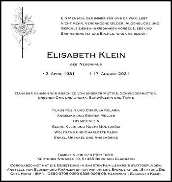 Anzeige von Elisabeth Klein von Kölner Stadt-Anzeiger / Kölnische Rundschau / Express