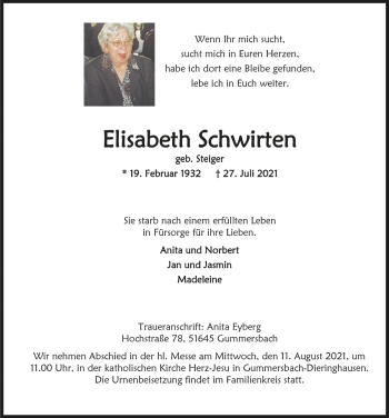 Anzeige von Elisabeth Schwirten von  Anzeigen Echo 
