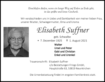 Anzeige von Elisabeth Suffner von Kölner Stadt-Anzeiger / Kölnische Rundschau / Express