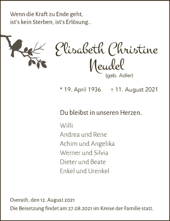 Anzeige von Elisabeth Christine Neudel von  Bergisches Handelsblatt 