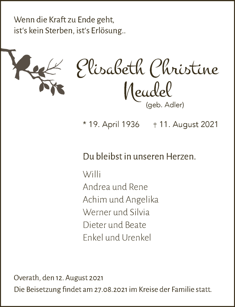  Traueranzeige für Elisabeth Christine Neudel vom 20.08.2021 aus  Bergisches Handelsblatt 