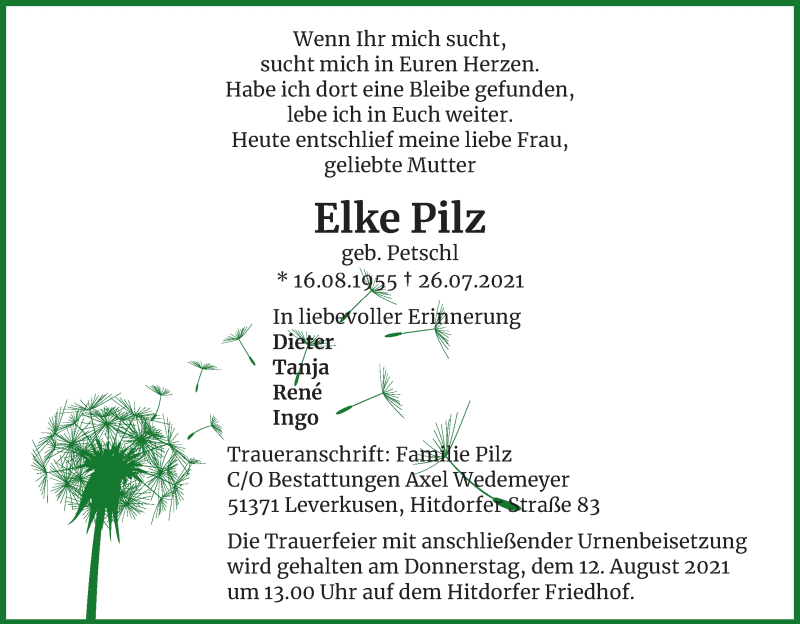  Traueranzeige für Elke Pilz vom 07.08.2021 aus Kölner Stadt-Anzeiger / Kölnische Rundschau / Express