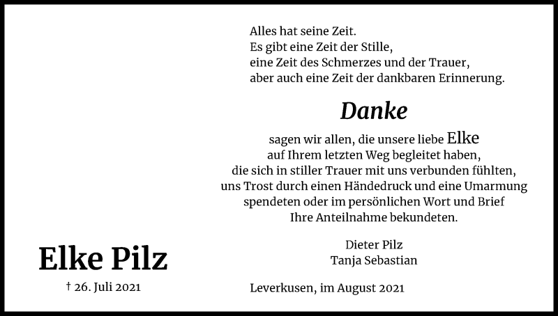  Traueranzeige für Elke Pilz vom 28.08.2021 aus Kölner Stadt-Anzeiger / Kölnische Rundschau / Express