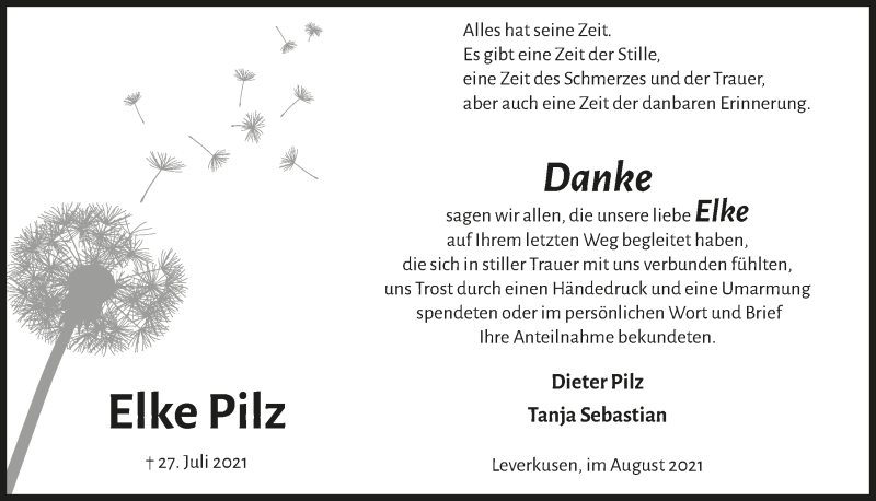  Traueranzeige für Elke Pilz vom 27.08.2021 aus  Lokale Informationen 