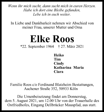 Anzeige von Elke Roos von Kölner Stadt-Anzeiger / Kölnische Rundschau / Express