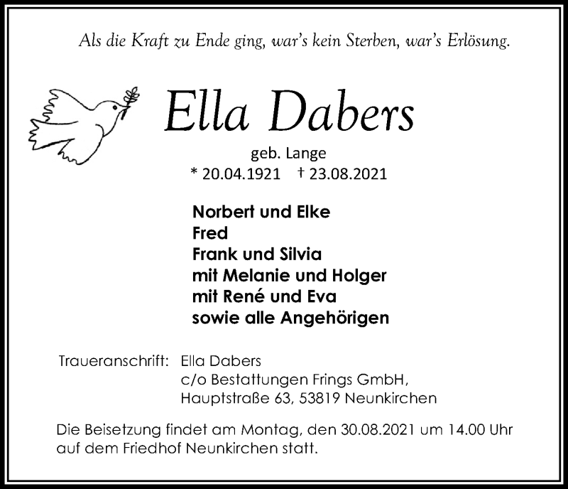  Traueranzeige für Ella Dabers vom 26.08.2021 aus Kölner Stadt-Anzeiger / Kölnische Rundschau / Express