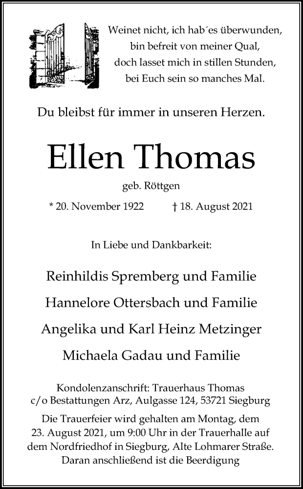  Traueranzeige für Ellen Thomas vom 21.08.2021 aus Kölner Stadt-Anzeiger / Kölnische Rundschau / Express