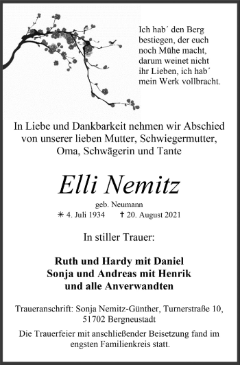 Anzeige von Elli Nemitz von  Anzeigen Echo 