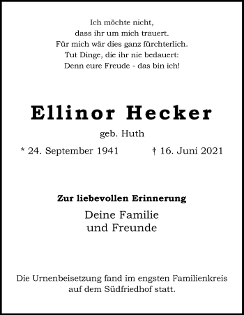 Anzeige von Ellinor Hecker von Kölner Stadt-Anzeiger / Kölnische Rundschau / Express