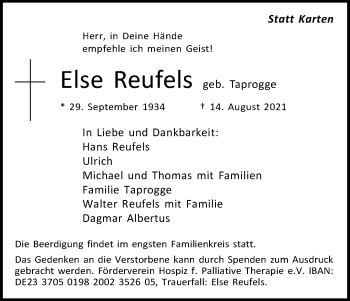 Anzeige von Else Reufels von Kölner Stadt-Anzeiger / Kölnische Rundschau / Express