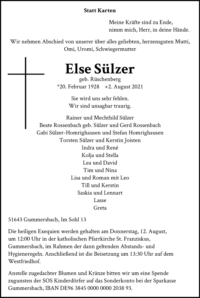  Traueranzeige für Else Sülzer vom 06.08.2021 aus Kölner Stadt-Anzeiger / Kölnische Rundschau / Express