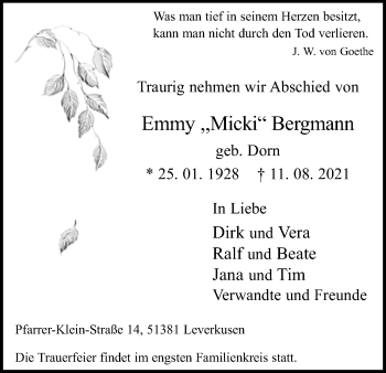 Anzeige von Emmy Bergmann von Kölner Stadt-Anzeiger / Kölnische Rundschau / Express