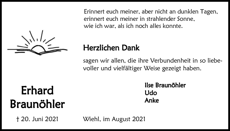  Traueranzeige für Erhard Braunöhler vom 07.08.2021 aus Kölner Stadt-Anzeiger / Kölnische Rundschau / Express