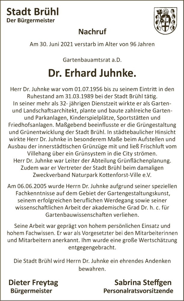  Traueranzeige für Erhard Juhnke vom 06.08.2021 aus  Schlossbote/Werbekurier 