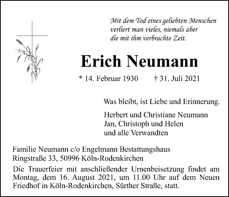  Traueranzeige für Erich Neumann vom 07.08.2021 aus Kölner Stadt-Anzeiger / Kölnische Rundschau / Express