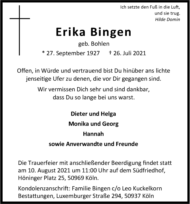  Traueranzeige für Erika Bingen vom 07.08.2021 aus Kölner Stadt-Anzeiger / Kölnische Rundschau / Express