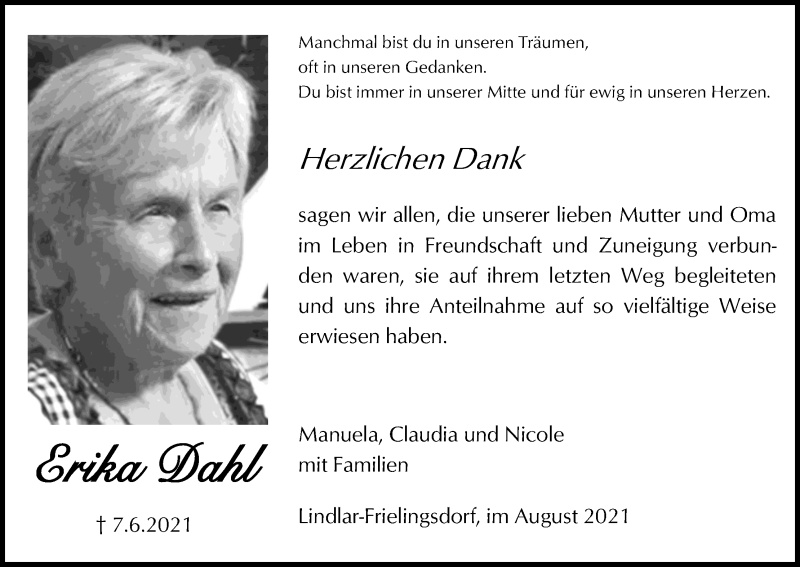  Traueranzeige für Erika Dahl vom 14.08.2021 aus Kölner Stadt-Anzeiger / Kölnische Rundschau / Express