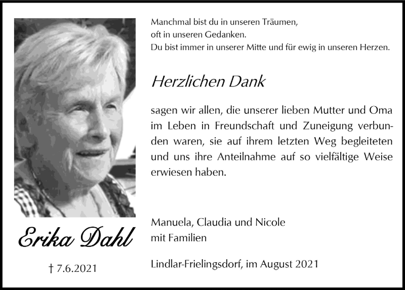  Traueranzeige für Erika Dahl vom 13.08.2021 aus  Anzeigen Echo 