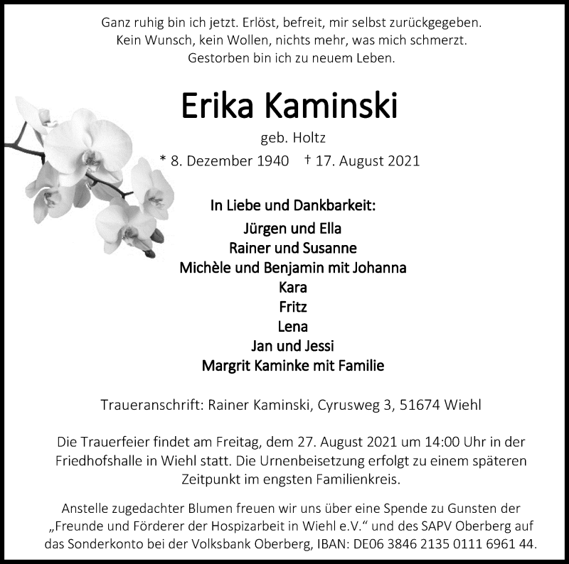  Traueranzeige für Erika Kaminski vom 21.08.2021 aus Kölner Stadt-Anzeiger / Kölnische Rundschau / Express