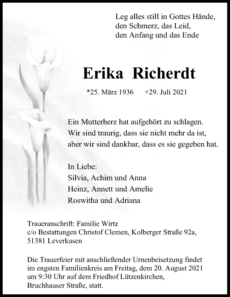  Traueranzeige für Erika Richerdt vom 14.08.2021 aus Kölner Stadt-Anzeiger / Kölnische Rundschau / Express