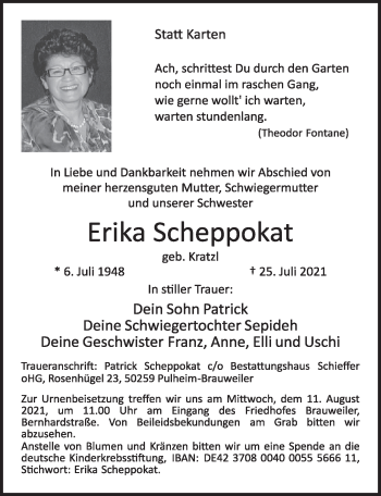 Anzeige von Erika Scheppokat von  Wochenende 