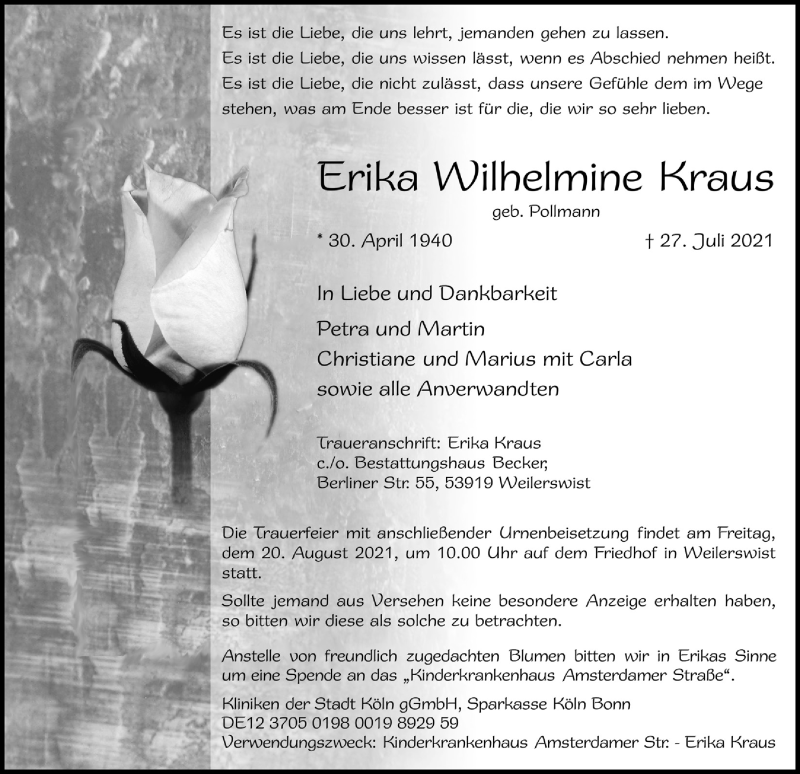  Traueranzeige für Erika Wilhelmine Kraus vom 07.08.2021 aus  Blickpunkt Euskirchen 
