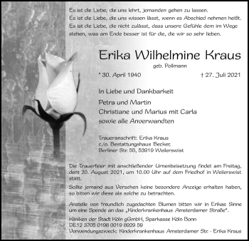 Anzeige von Erika Wilhelmine Kraus von  Blickpunkt Euskirchen 