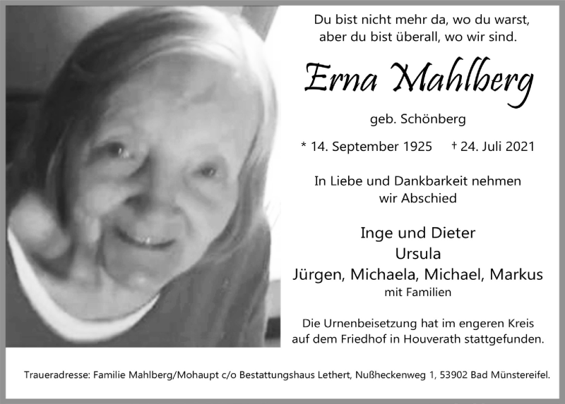  Traueranzeige für Erna Mahlberg vom 07.08.2021 aus  Blickpunkt Euskirchen 