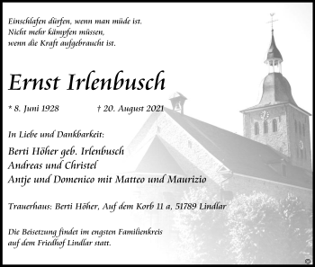 Anzeige von Ernst Irlenbusch von Kölner Stadt-Anzeiger / Kölnische Rundschau / Express