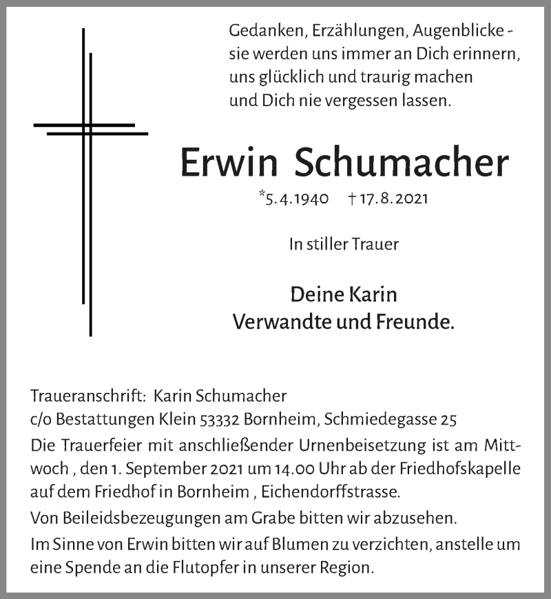  Traueranzeige für Erwin Schumacher vom 27.08.2021 aus  Schaufenster/Blickpunkt 