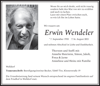 Anzeige von Erwin Wendeler von  Werbepost 