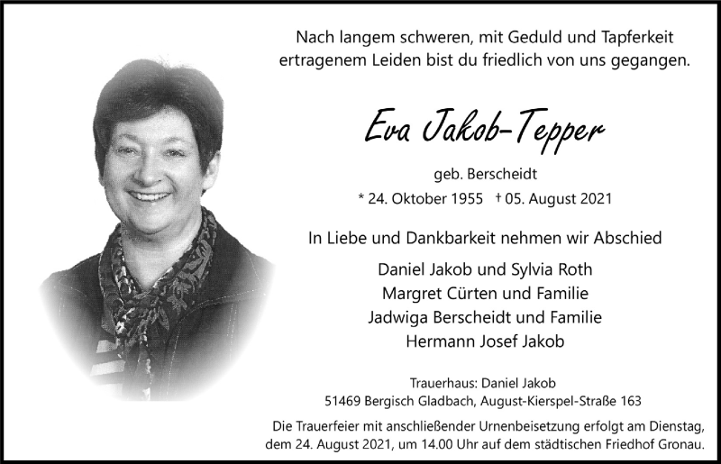  Traueranzeige für Eva Jakob-Tepper vom 20.08.2021 aus  Bergisches Handelsblatt 