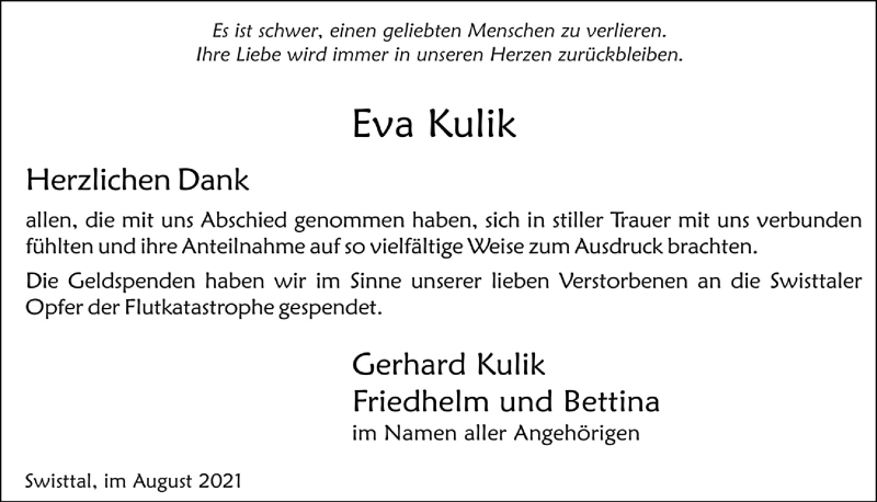  Traueranzeige für Eva Kulik vom 20.08.2021 aus  Schaufenster/Blickpunkt 