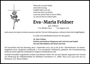 Anzeige von Eva-Maria Feldner von Kölner Stadt-Anzeiger / Kölnische Rundschau / Express