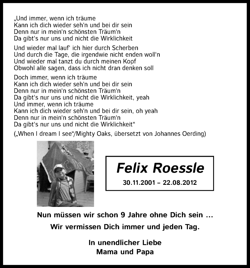  Traueranzeige für Felix Roessle vom 21.08.2021 aus Kölner Stadt-Anzeiger / Kölnische Rundschau / Express