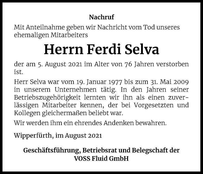  Traueranzeige für Ferdi Selva vom 19.08.2021 aus Kölner Stadt-Anzeiger / Kölnische Rundschau / Express