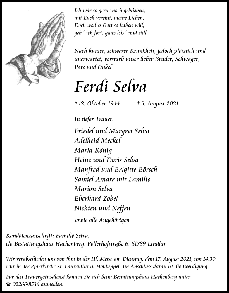  Traueranzeige für Ferdi Selva vom 14.08.2021 aus Kölner Stadt-Anzeiger / Kölnische Rundschau / Express